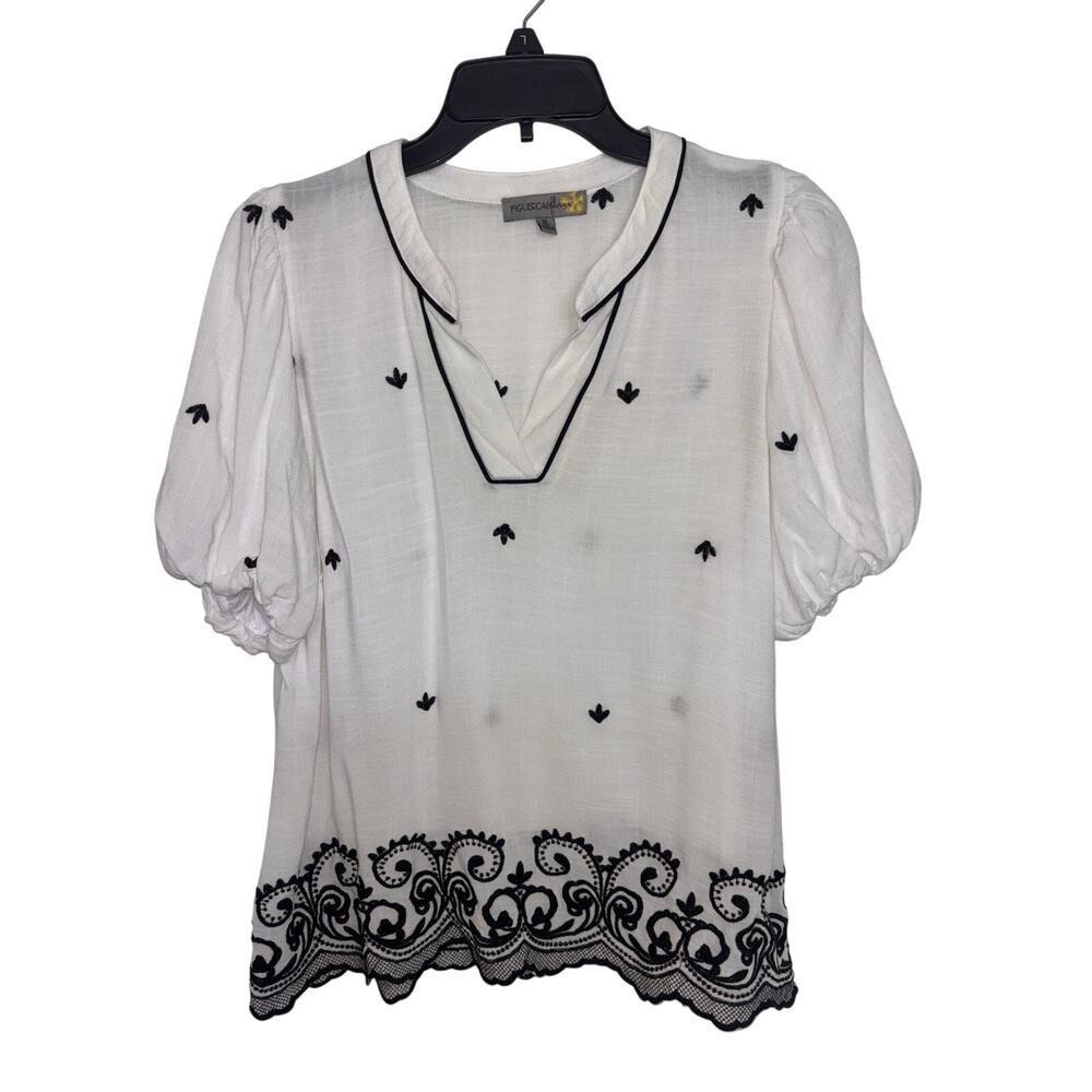 Anthropologie Fig & Flower White Black Embroidered V-Neck Blouse XL Boho